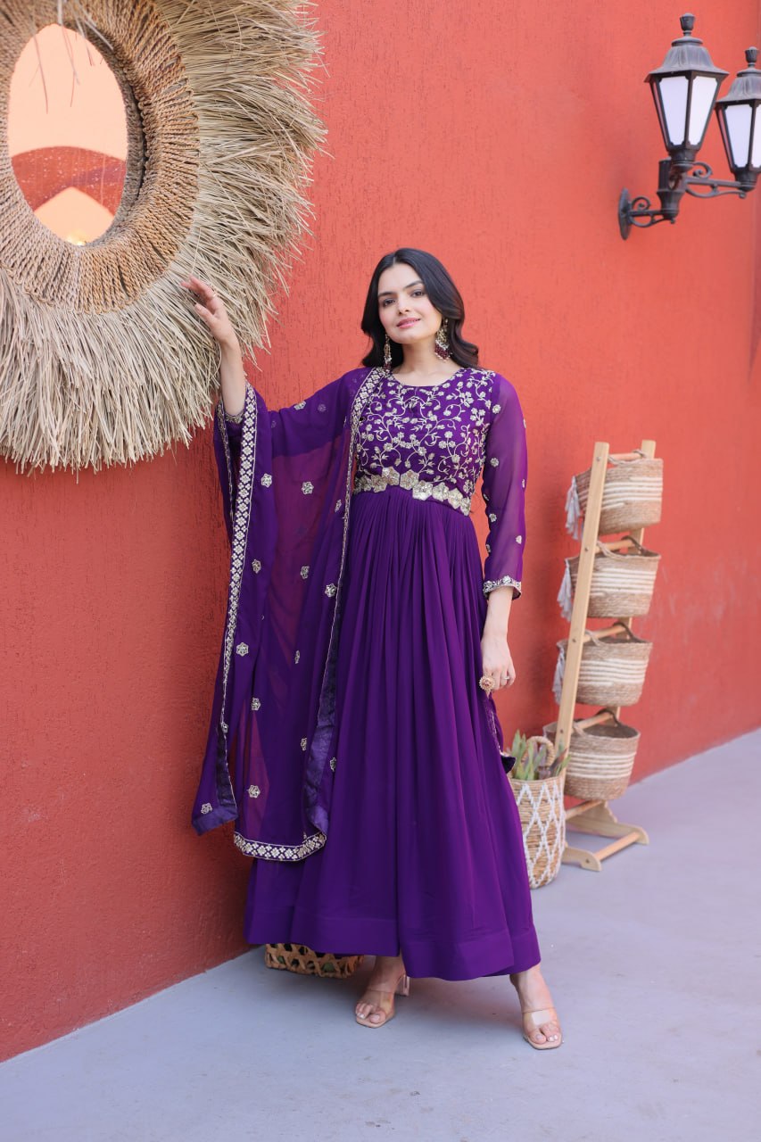 Elegant Gown and Dupatta Set with Embroidered Faux Blooming Fabric by RangBhoomi