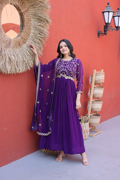 Elegant Gown and Dupatta Set with Embroidered Faux Blooming Fabric by RangBhoomi