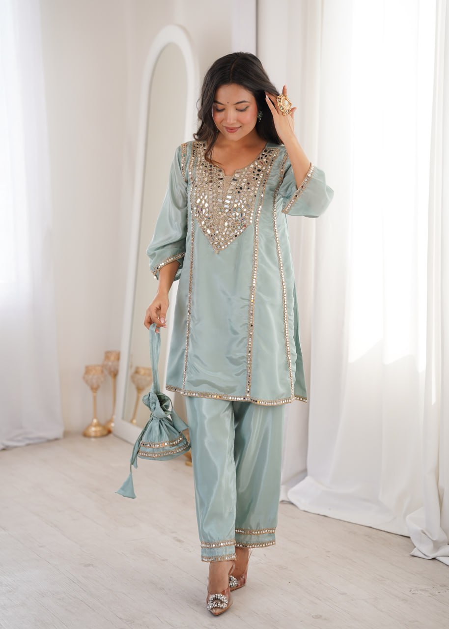 Ready-to-Wear Kurti and Pant Set with Decorative Drawstring Bag - Mirror Embroidered Collection 2026