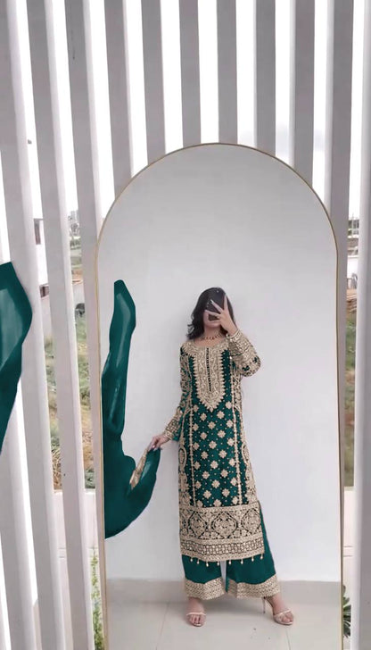 New Collection Faux Georgette Ensemble with Intricate Heavy Embroidery, Sequin Detailing, and Fully Stitched Ready-to-Wear Top, Bottom, and Dupatta Set
