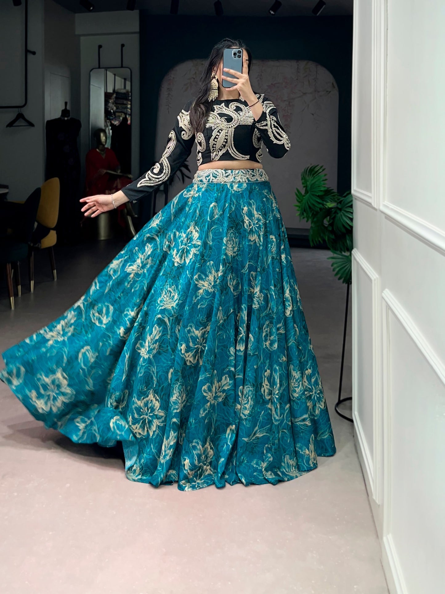RangBhoomi Premium Co-ord Set: Tasar Silk Embroidered Lehenga with Sequined Blouse