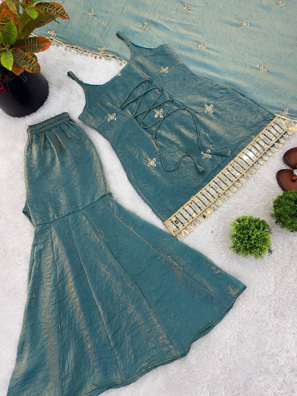 Women's Elegant Ethnic Ensemble with Embroidered Mirror Work - Ready to Wear