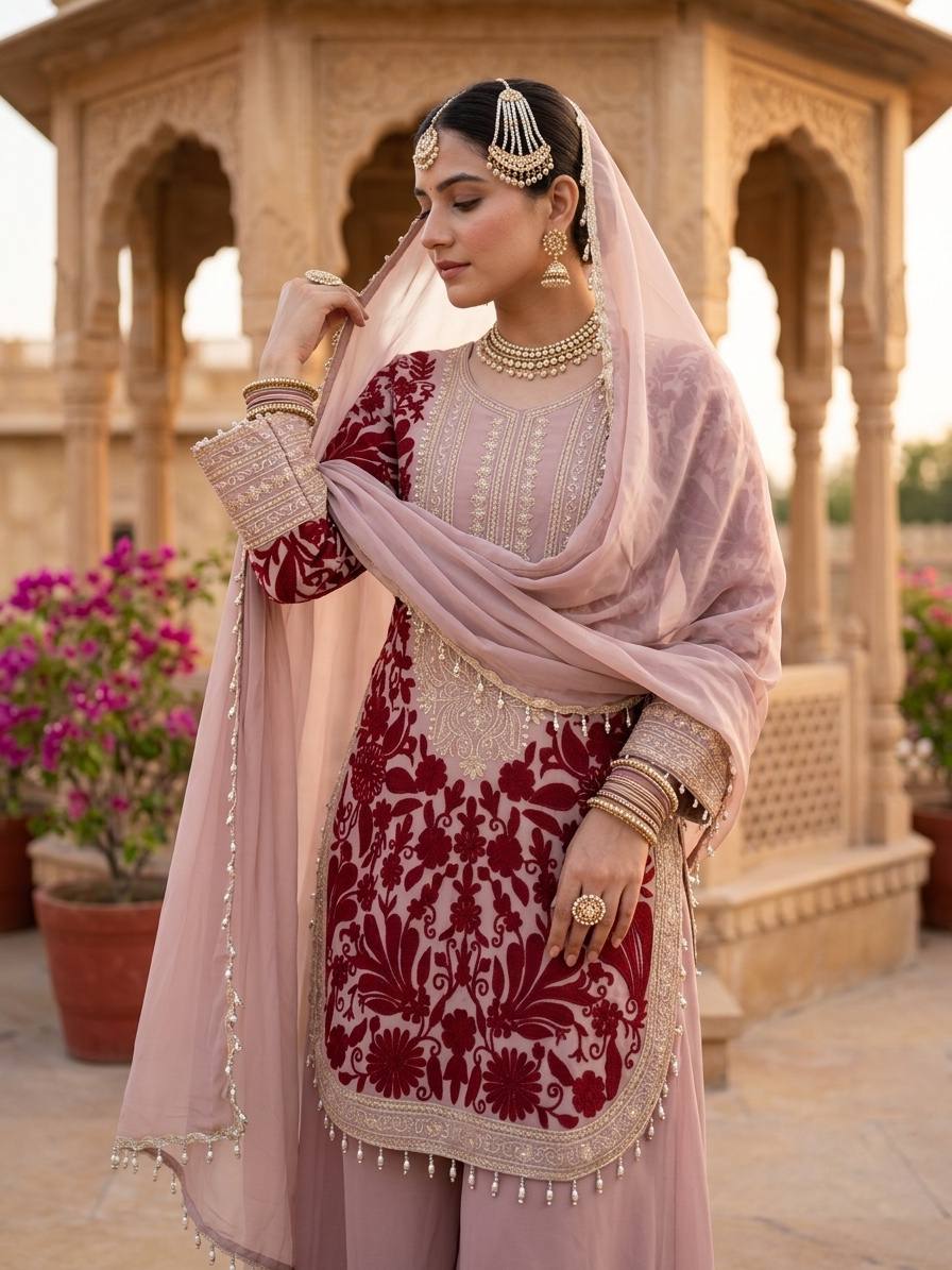 RangBhoomi Designer Party Top, Palazzo & Dupatta Set with Heavy Embroidery