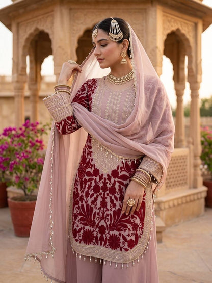 RangBhoomi Designer Party Top, Palazzo & Dupatta Set with Heavy Embroidery