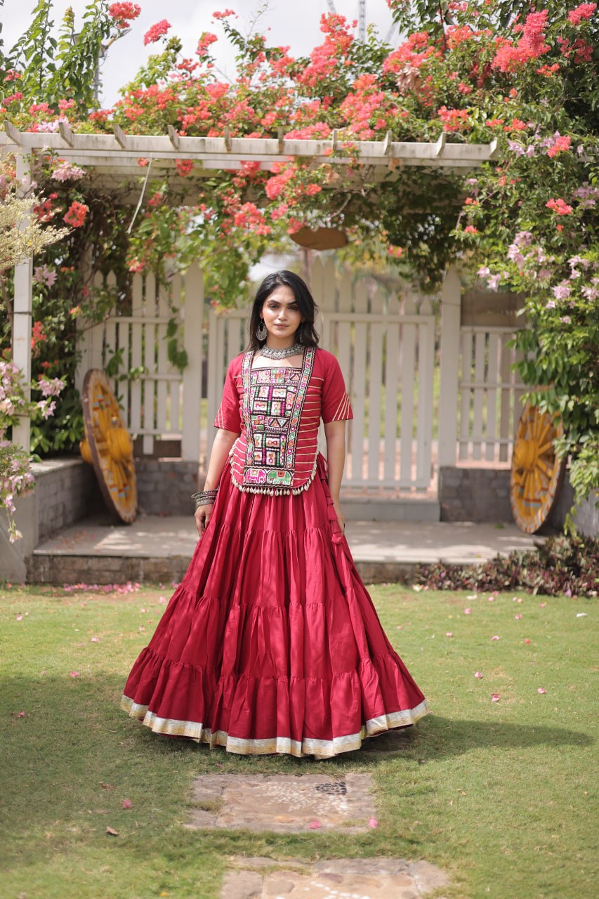 RangBhoomi Navratri 2026 Kora Cotton Full-Stitched Lehenga & Blouse Set — L (40", Adjustable 38–44)