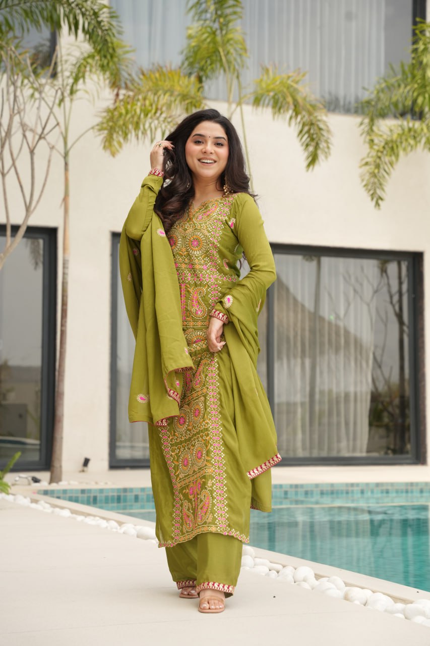 RangBhoomi Elegant Ready-to-Wear Top, Pant, and Dupatta Set with Intricate Multi-Thread Embroidery 2026 Collection