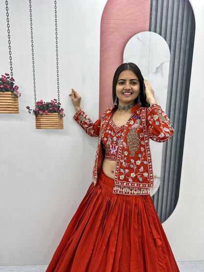 Festival Special Vichitra Silk Crop Top Lehenga Jacket Set with Heavy Thread and Sequin Embroidery by RangBhoomi