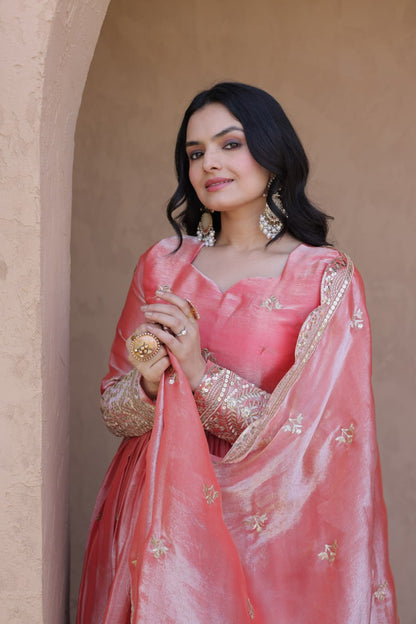 RangBhoomi Fendi Silk Sequined Gown with Dupatta – Elegant Full-Sleeve Designer Set