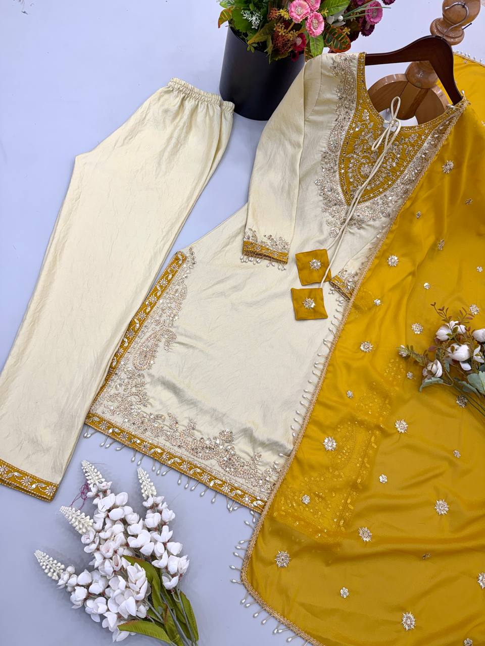 RangBhoomi Ronald Silk Sequin Embroidered Women's Ethnic Suit - Fully Stitched with Lace-Edged Dupatta