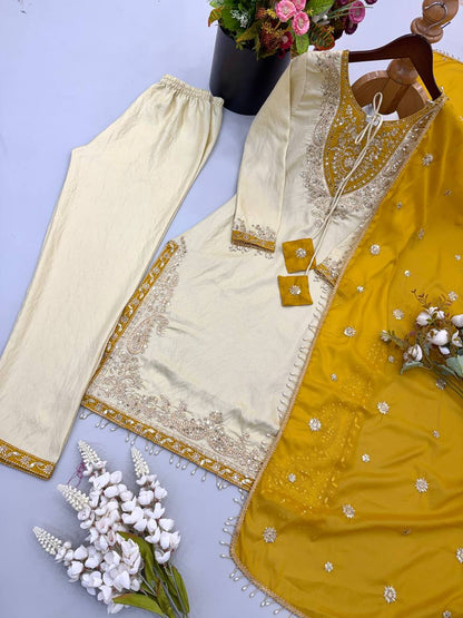 RangBhoomi Ronald Silk Sequin Embroidered Women's Ethnic Suit - Fully Stitched with Lace-Edged Dupatta