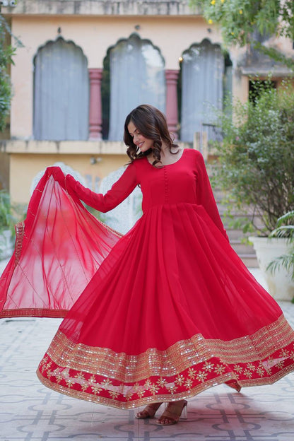 Embroidered Faux Blooming Gown with Dupatta