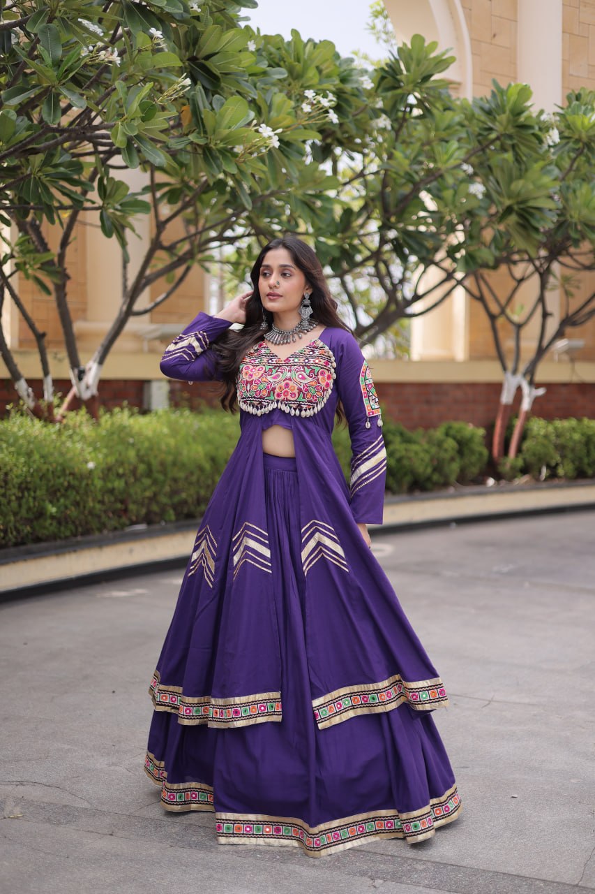 RangBhoomi Feather-Light Jacket Lehenga Set – Lotus Handwork, Long Jacket Ready-to-Wear