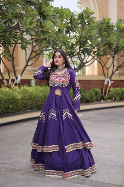 RangBhoomi Feather-Light Jacket Lehenga Set – Lotus Handwork, Long Jacket Ready-to-Wear