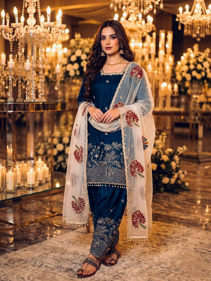 RangBhoomi Designer Party Wear Pur Fendi Silk Top & Farshi Palazzo Set with Dupatta