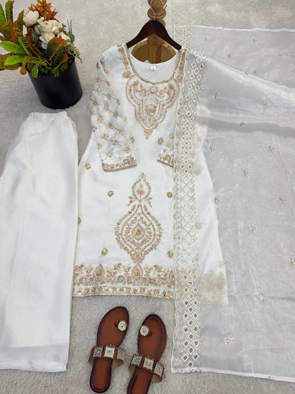 Elegant Designer Party Wear Top, Palazzos, and Dupatta Set with Intricate Heavy Embroidery and Beaded Detailing