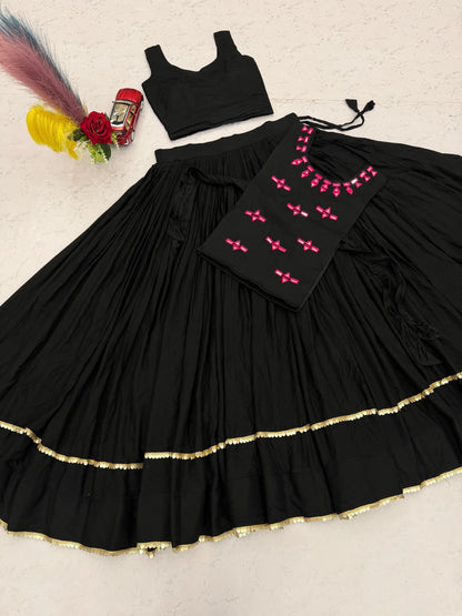 RangBhoomi Navratri Special Rion Cotton Lehenga Choli with Mirror Jacket - Fully Stitched, 6m Flair