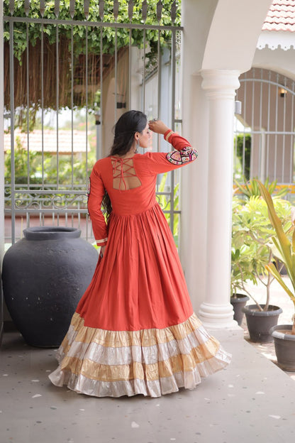 RangBhoomi Navratri Gown Collection 2026 — 14KG Rayon Kutchi Gamthi Thread Work, 12m Flair
