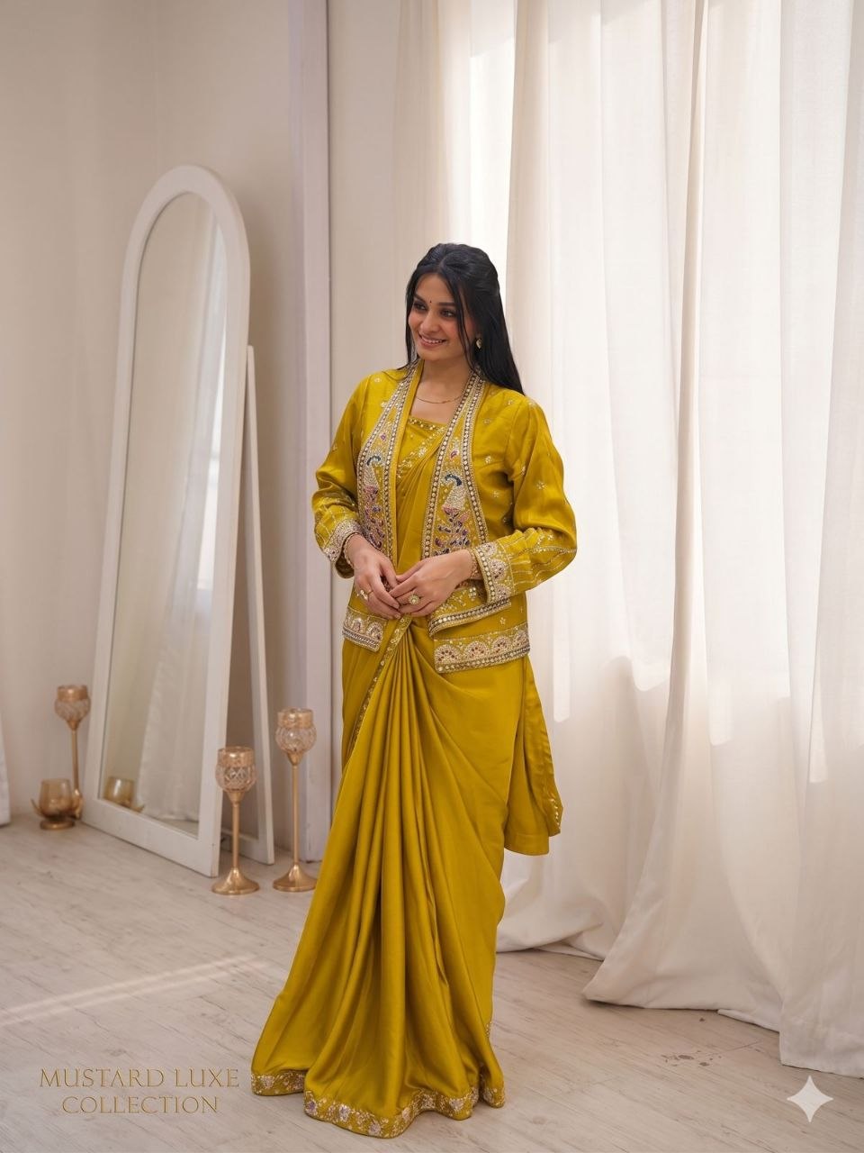 RangBhoomi Ready-to-Wear Embroidered Party Jacket and Saree Set in Elegant Red