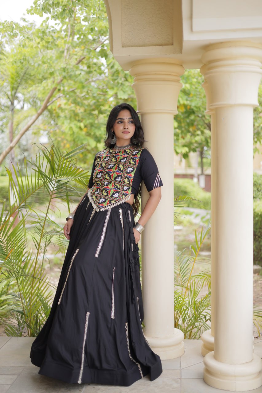 RangBhoomi Navratri Reflective Rayon Lehenga Set with Mirror & Gota Lace (Black, Maroon, White)