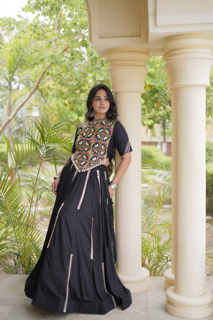 RangBhoomi Navratri Reflective Rayon Lehenga Set with Mirror & Gota Lace (Black, Maroon, White)
