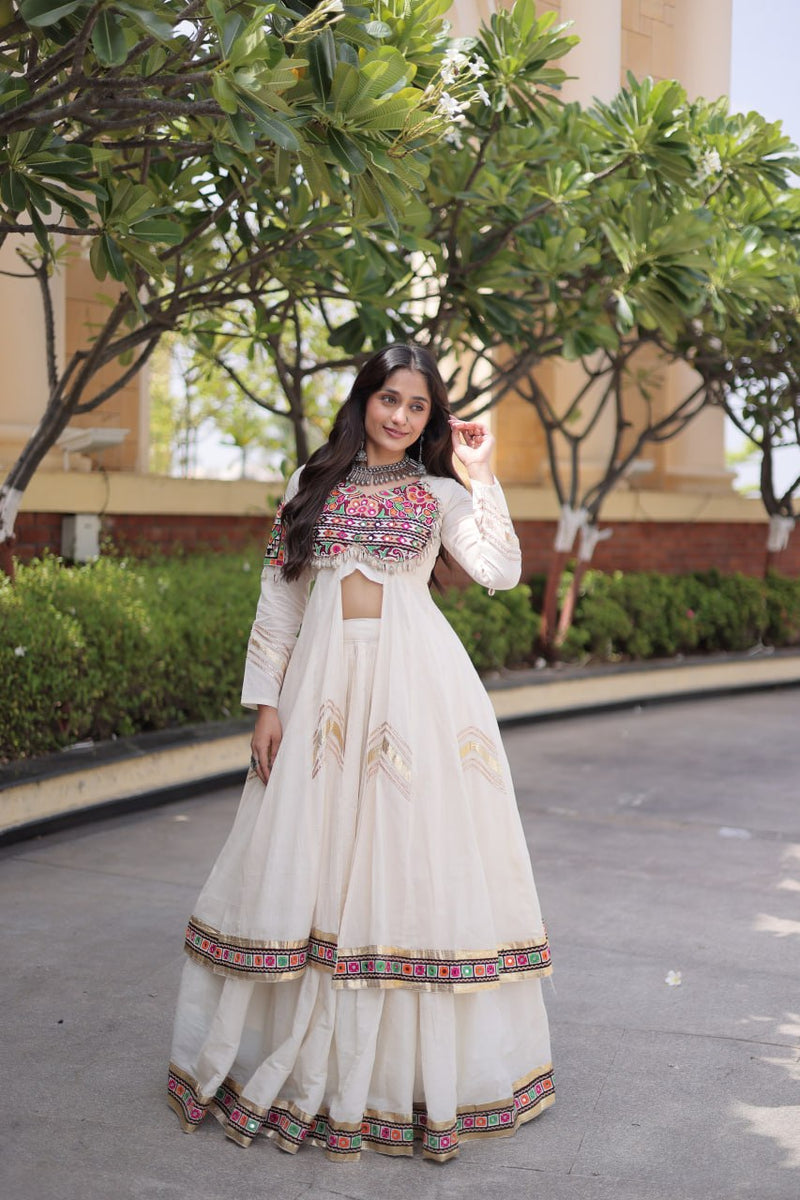 RangBhoomi Feather-Light Jacket Lehenga Set – Lotus Handwork, Long Jacket Ready-to-Wear