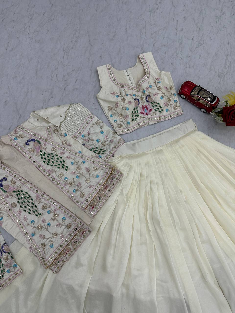 Festival Special Vichitra Silk Crop Top Lehenga Jacket Set with Heavy Thread and Sequin Embroidery by RangBhoomi