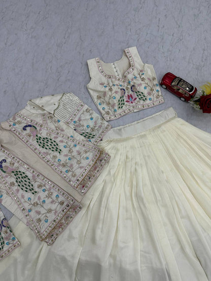 Festival Special Vichitra Silk Crop Top Lehenga Jacket Set with Heavy Thread and Sequin Embroidery by RangBhoomi