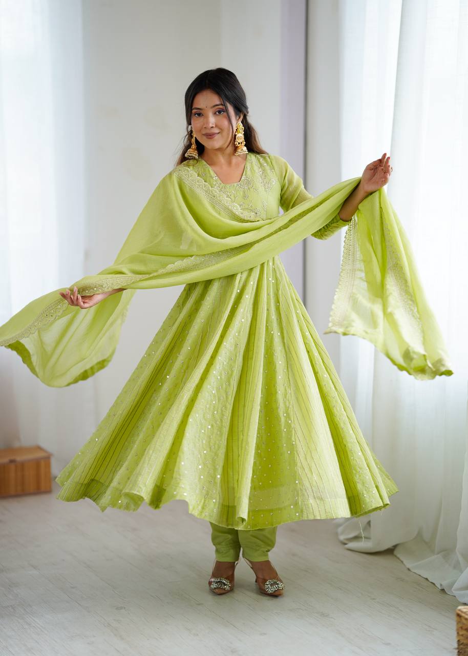 Festive Ready-to-Wear Fully Stitched Anarkali Gown Set with Embroidered Sequins and Lace-Trimmed Dupatta