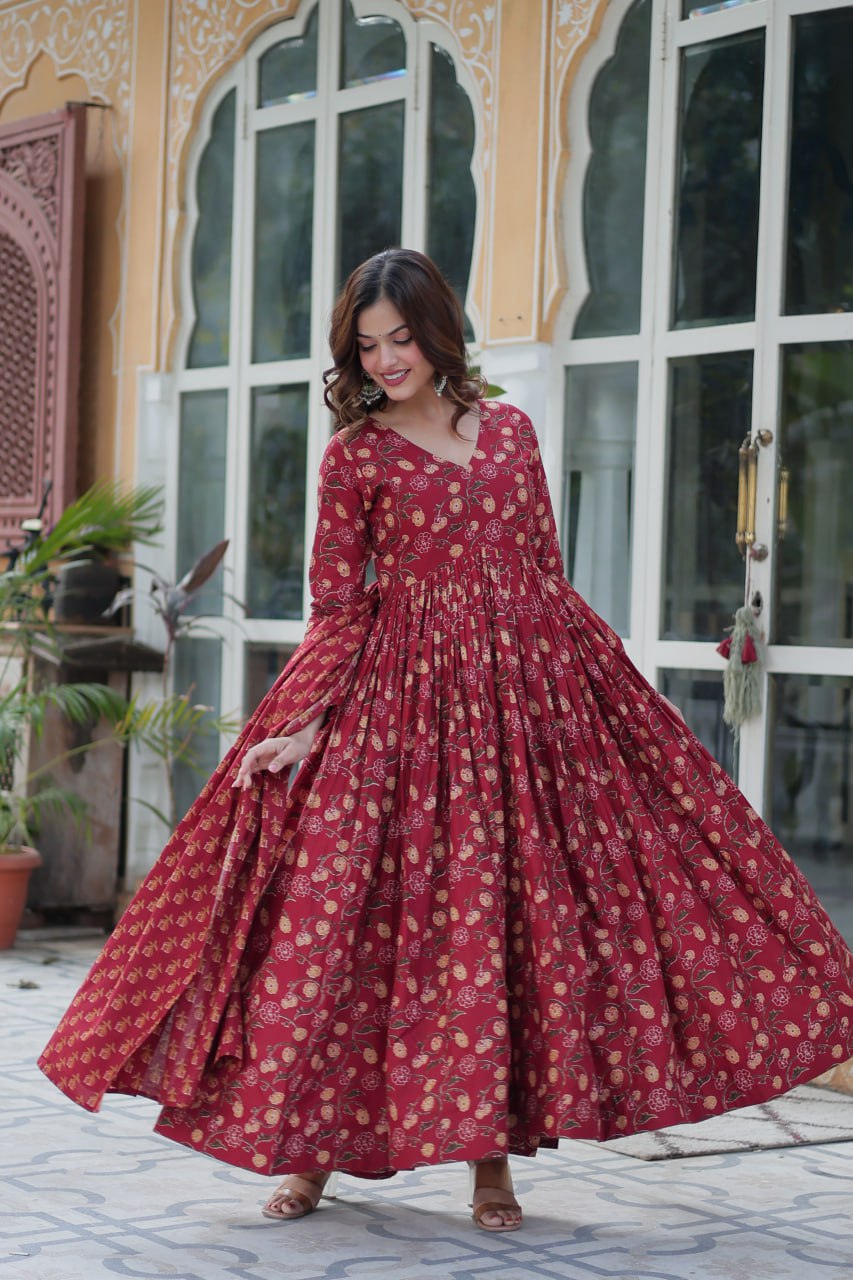Premium Gown Set: Cotton Kurti, Pant & Dupatta