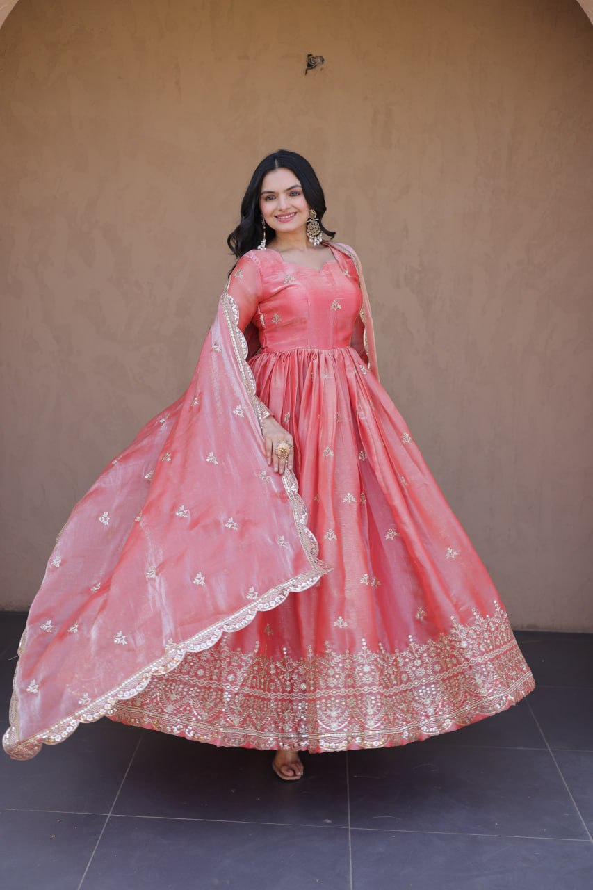RangBhoomi Fendi Silk Sequined Gown with Dupatta – Elegant Full-Sleeve Designer Set