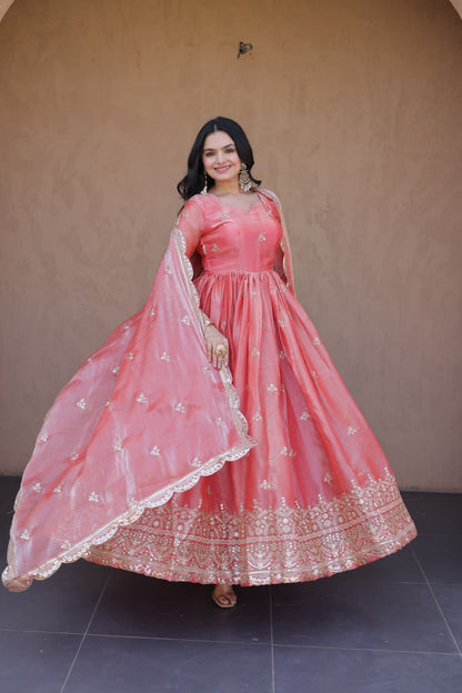 RangBhoomi Fendi Silk Sequined Gown with Dupatta – Elegant Full-Sleeve Designer Set