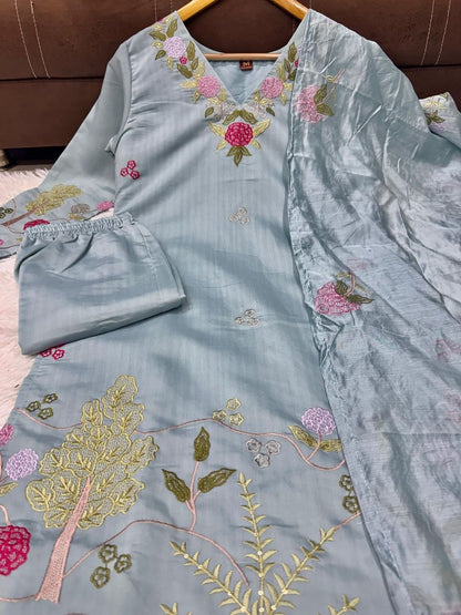 Elegant Festival Special 3-Piece Chanderi Silk Set with Gorgeous Embroidery and Dupatta