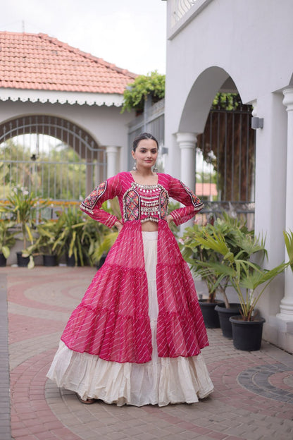 RangBhoomi Kora Cotton Lehenga & Faux Georgette Kurti Set - Full-Stitched, Frilled Lehenga, Laheriya Print Kurti