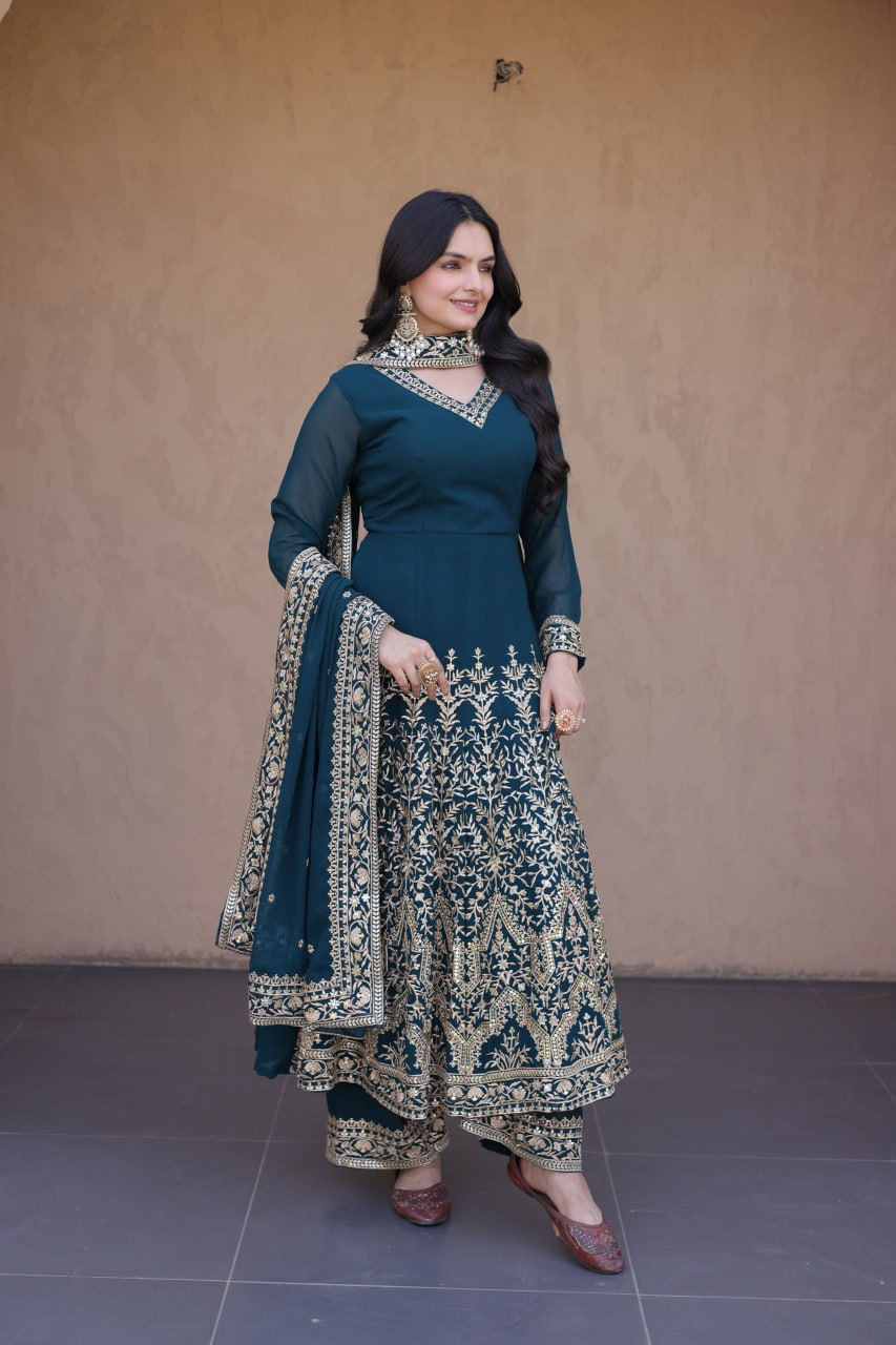 RangBhoomi Premium Readymade Gown with Pant & Dupatta Set - Embroidered Faux Blooming Festive Ensemble