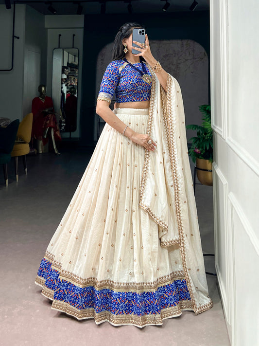 RangBhoomi Elegant Ivory and Royal Blue Lehenga Set with Sequins and Thread Embroidery