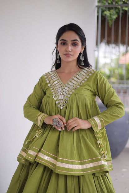 RangBhoomi Navratri Kora Cotton Full-Stitched Lehenga & Blouse Set with Mirror and Gota Work