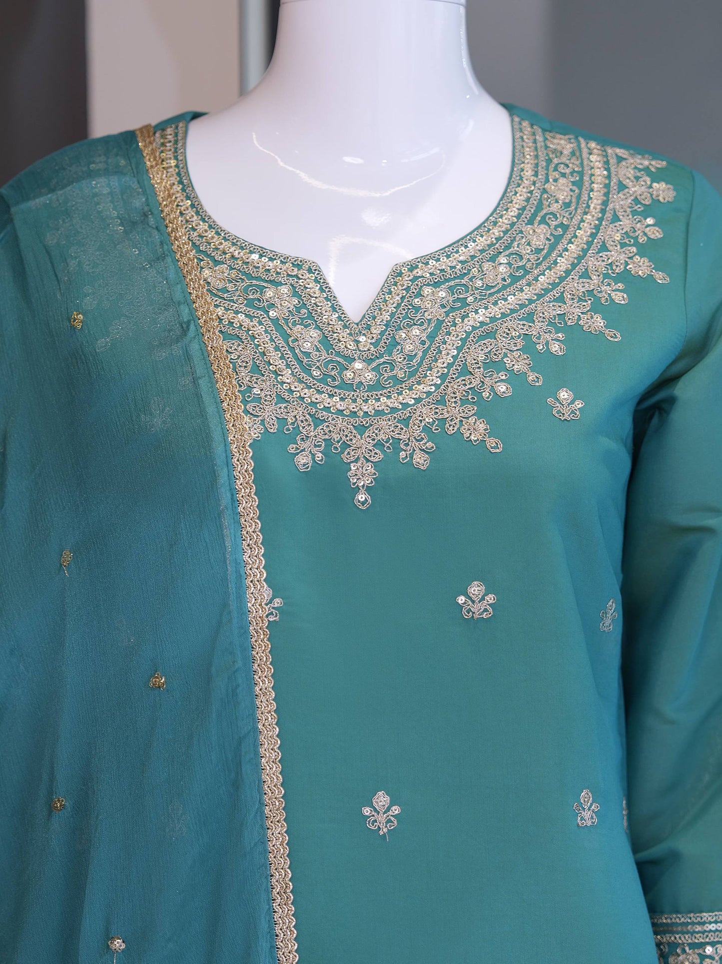RangBhoomi Designer Festival Special Collection - Elegant Roman Silk Embroidered Ensemble with Palazzo and Decorative Dupatta