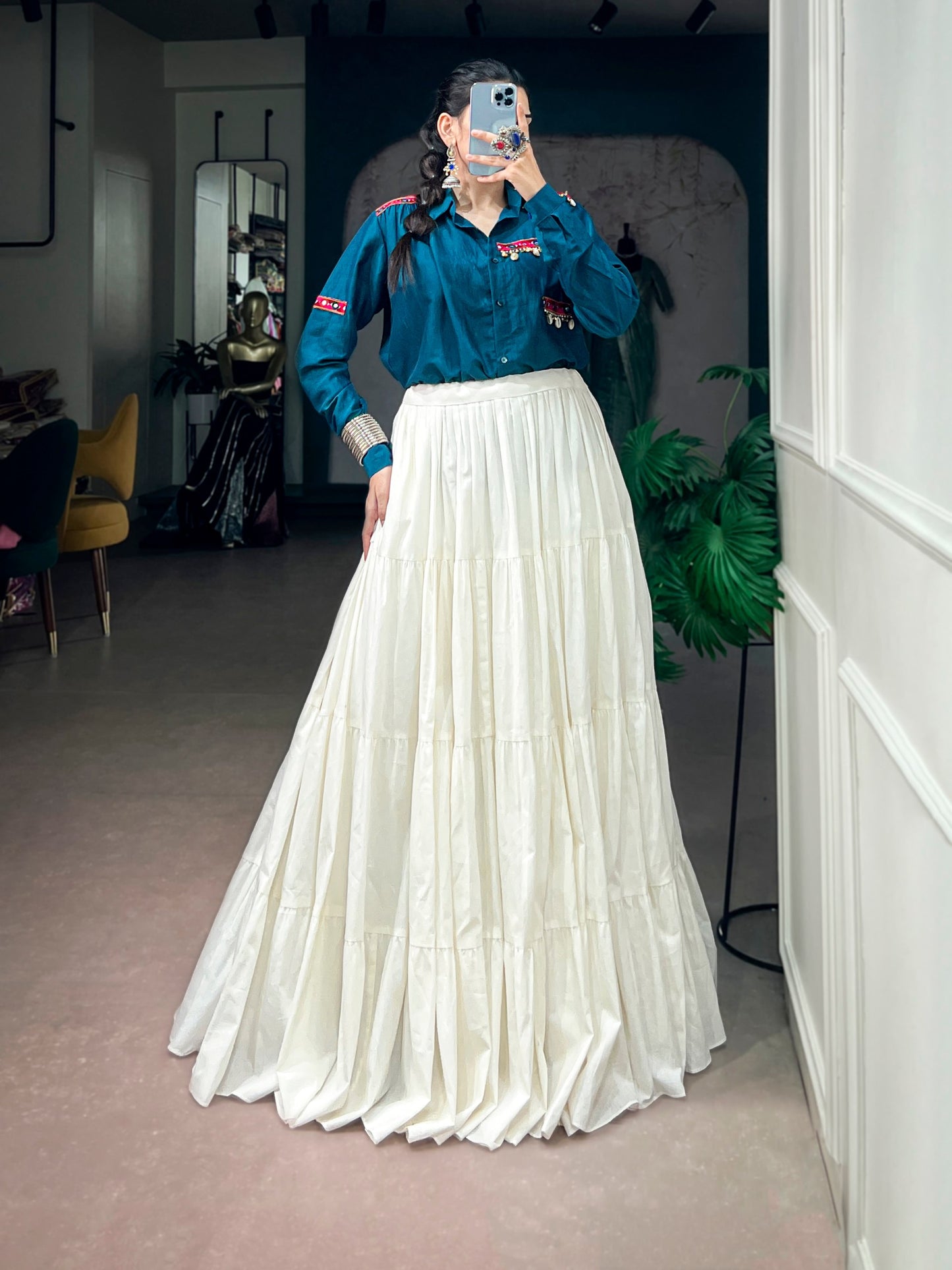 RangBhoomi Navratri Ensemble 2026 — Festive Chinon Shirt & Khadi Cotton Lehenga Set