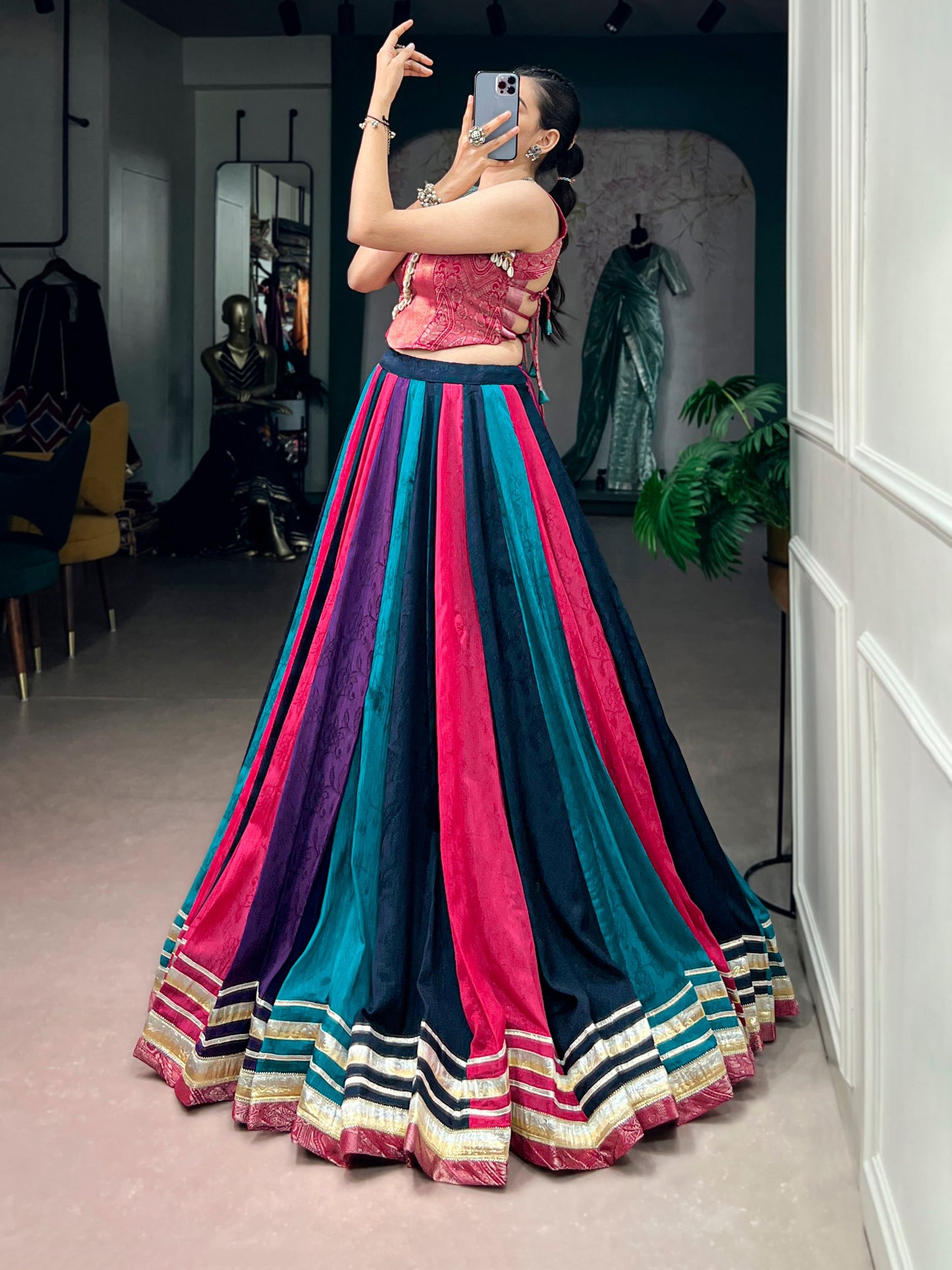 RangBhoomi Navratri Collection 2026 Multicolor Chinon Lehenga with Zari Blouse & Tassel Details