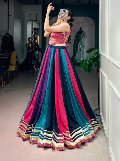 RangBhoomi Navratri Collection 2026 Multicolor Chinon Lehenga with Zari Blouse & Tassel Details
