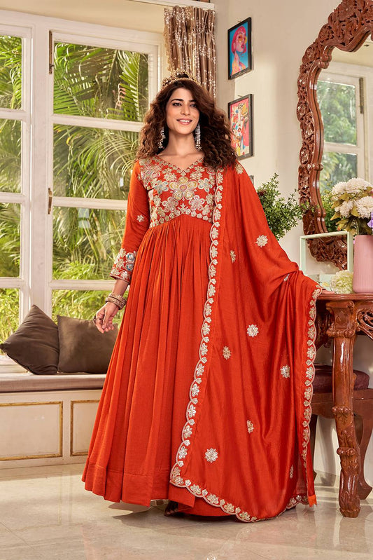 RangBhoomi Exclusive Festival Long Gown and Matching Dupatta Set with Heavy Embroidery