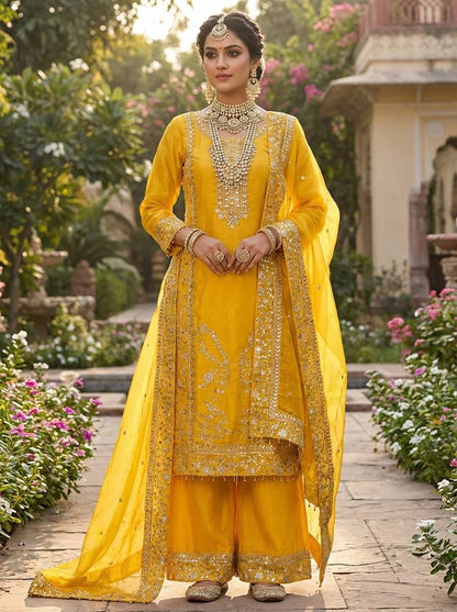 Elegant Designer Ready-to-Wear GMY Silk Three-Piece Set with Heavy Embroidery, Sequins, and Lace Border – Fully Stitched Top, Palazzo, and Dupatta