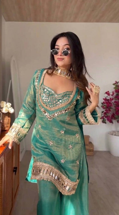 RangBhoomi Women's Fully Stitched Ethnic Wear Set with Fendy Silk and Real Mirror Work