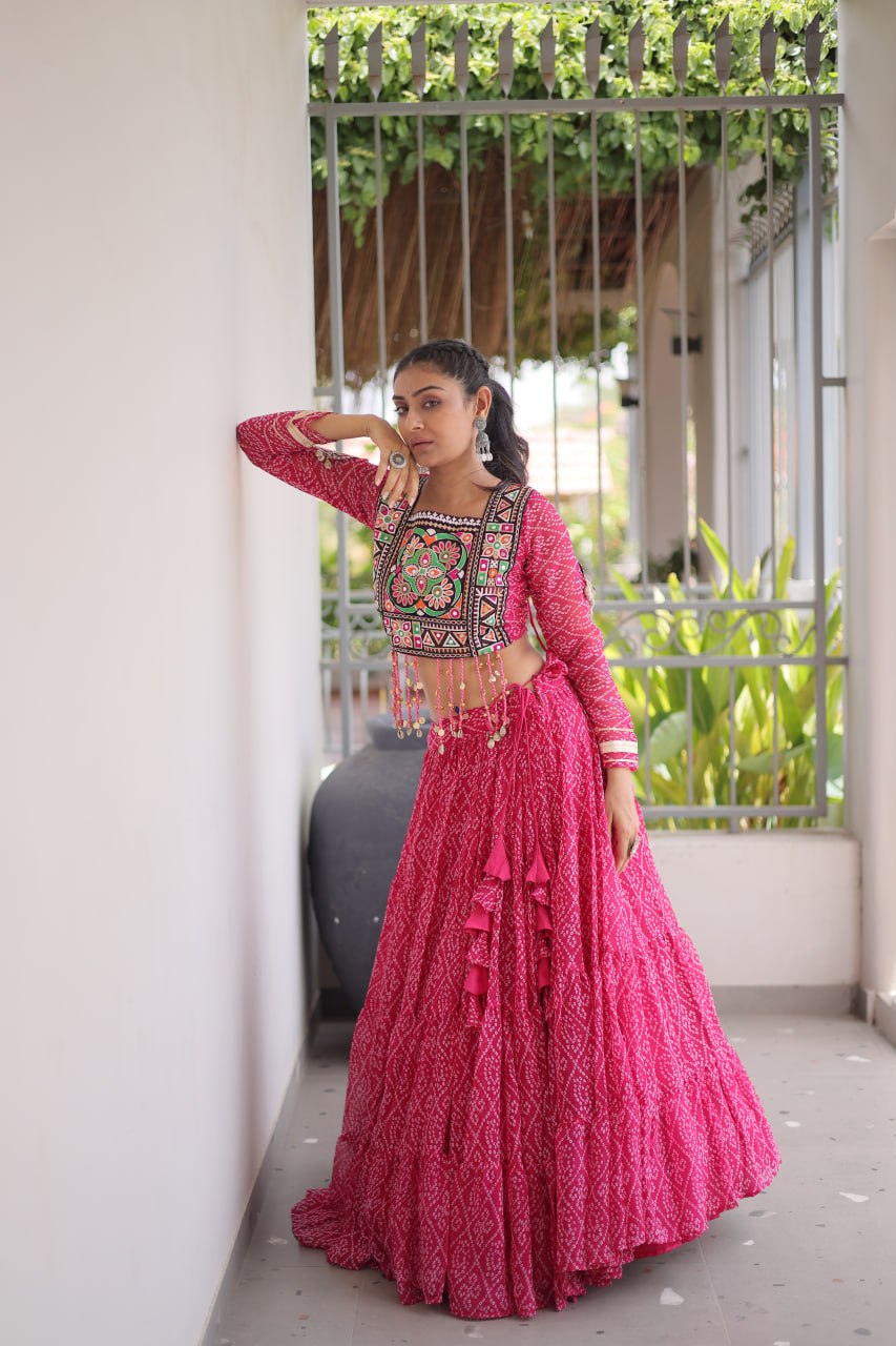 RangBhoomi Bandhni Faux Georgette Full-Stitched Lehenga Set with Designer Square Neck Blouse