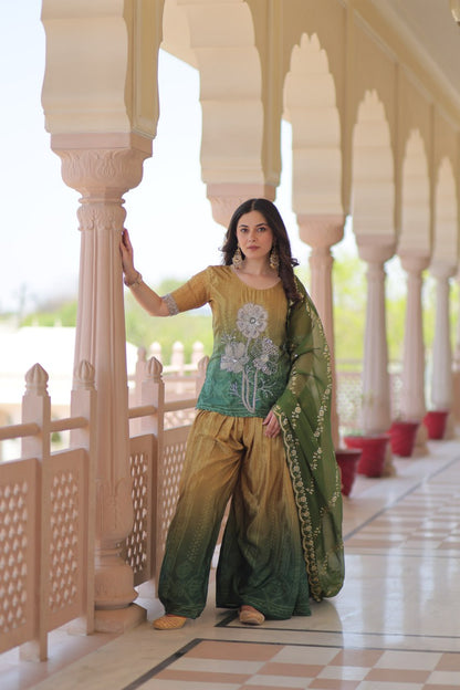 Model wearing Sharara Suit with zari and sequins embroidery