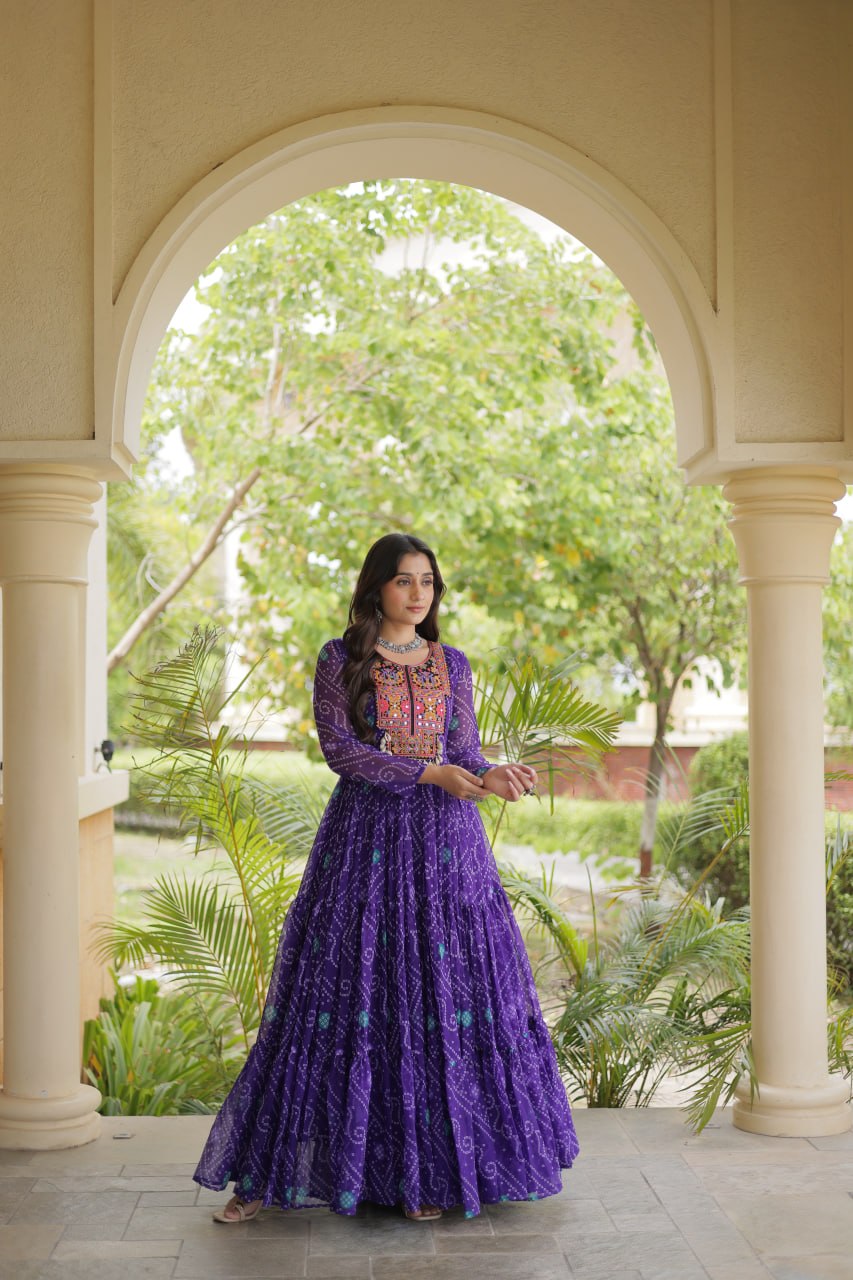 RangBhoomi Bandhani & Kutchi Patchwork Faux Georgette Gown — Festive Navratri Edition