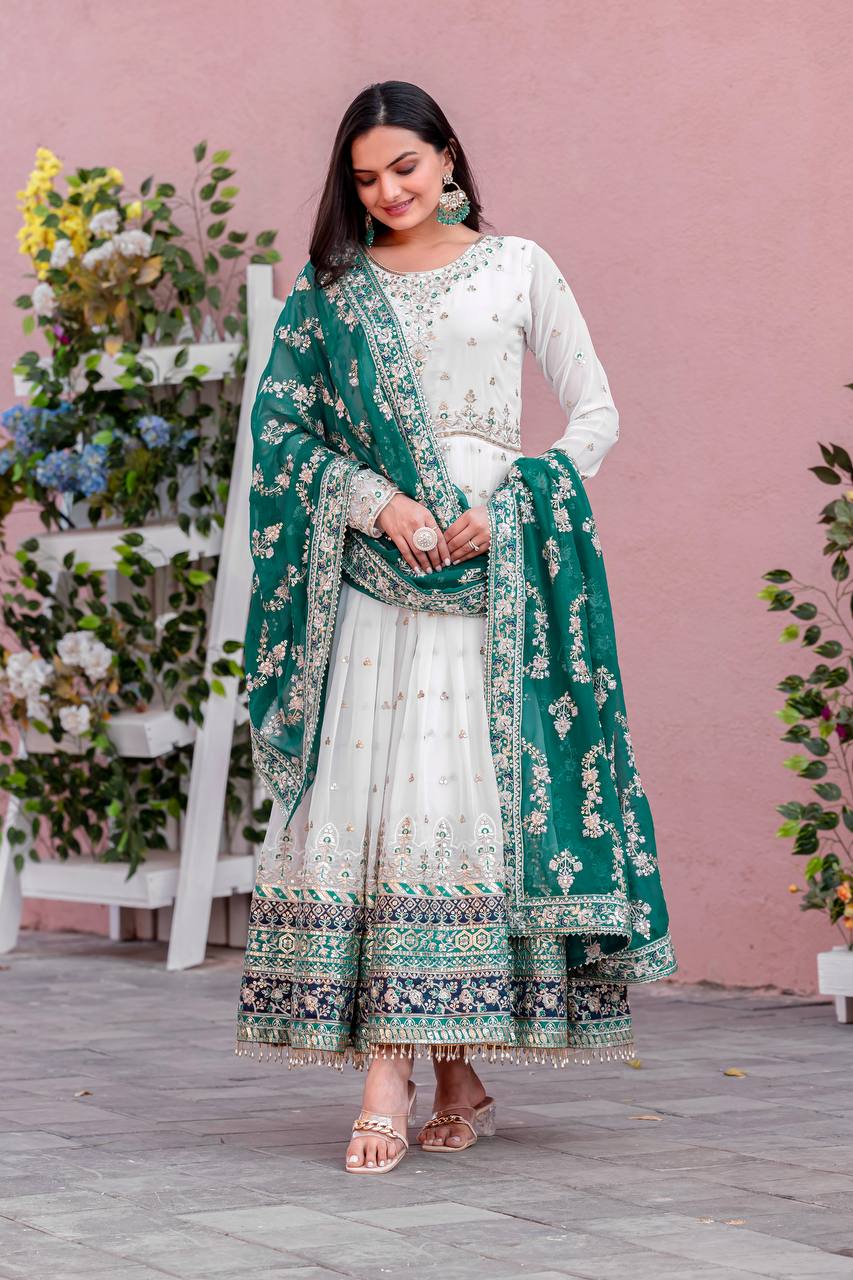 Elegant Party Wear Heavy Faux Georgette Gown with Embroidered Dupatta and Bottom Set