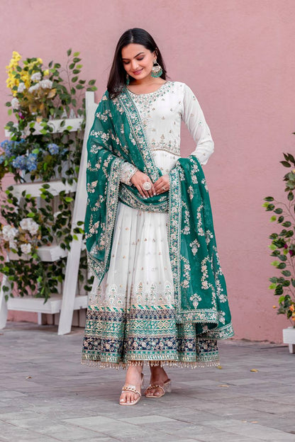 Elegant Party Wear Heavy Faux Georgette Gown with Embroidered Dupatta and Bottom Set