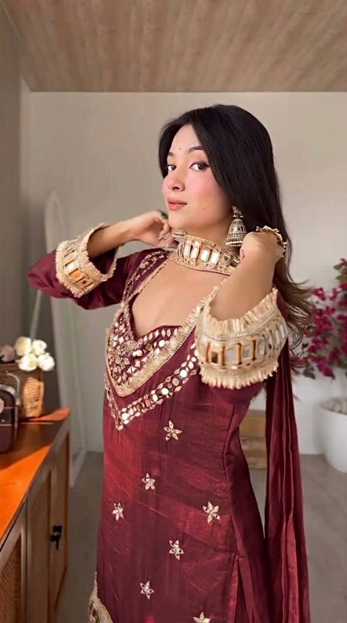 RangBhoomi Women's Fully Stitched Ethnic Wear Set with Fendy Silk and Real Mirror Work