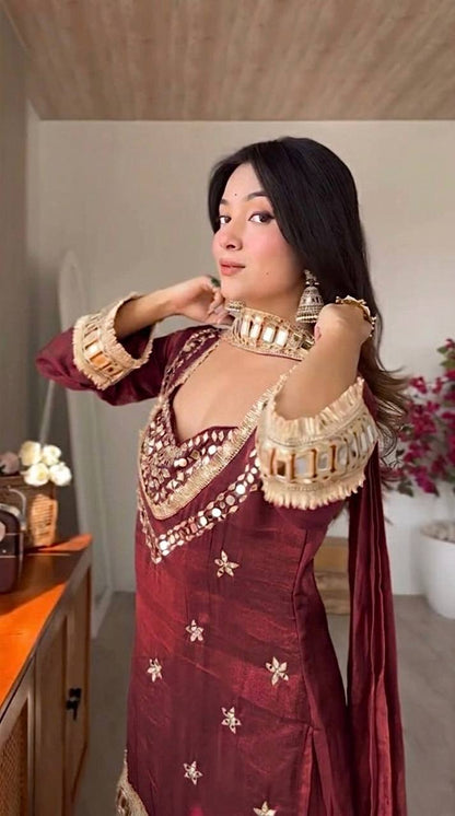 RangBhoomi Women's Fully Stitched Ethnic Wear Set with Fendy Silk and Real Mirror Work